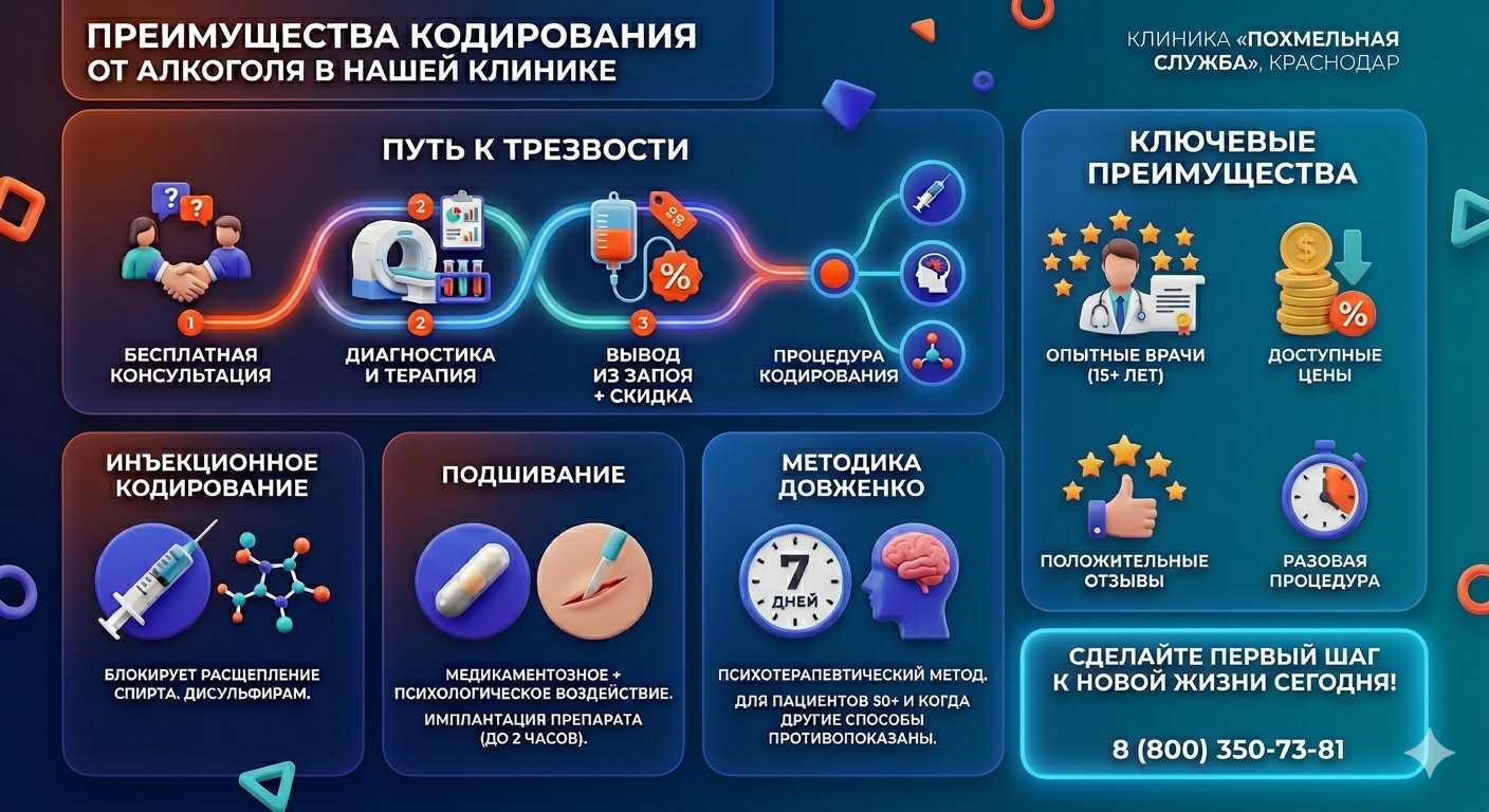 Инфографика о методах кодирования от алкоголя в Перми: инъекции, подшивание, метод Довженко. Преимущества клиники и этапы лечения.